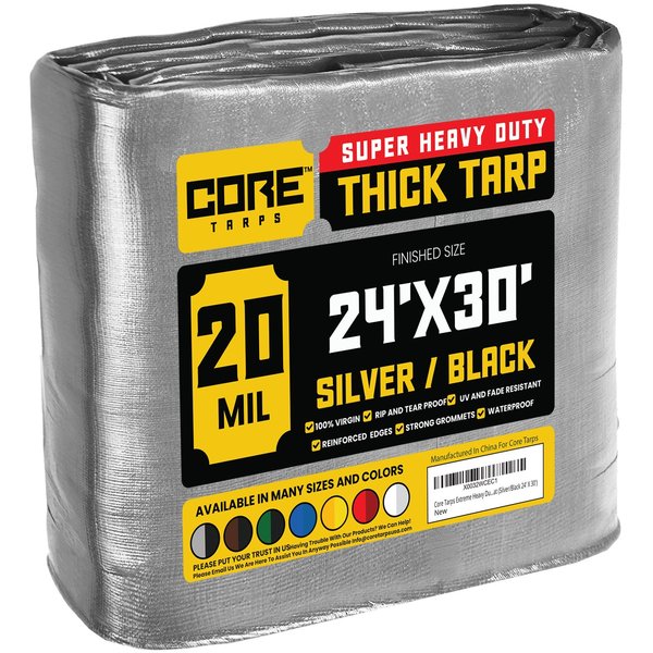 Core Tarps 30 ft x 0.5 mm H x 24 ft W Heavy Duty 20 Mil Tarp, Silver/Black, Polyethylene CT-701-24X30